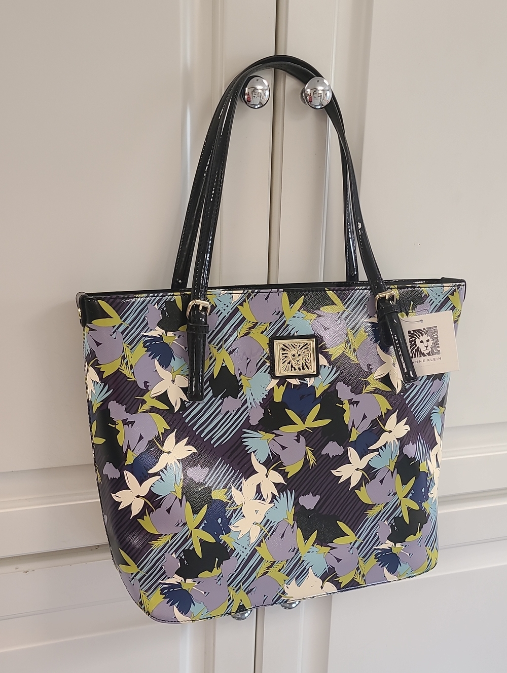 Anne Klein NWT Black Patent Floral Tote with Lavender and Lime Accents